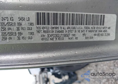 2018 Dodge Journey Sxt из США, поврежденный, VIN 3C4PDCBG2JT158567